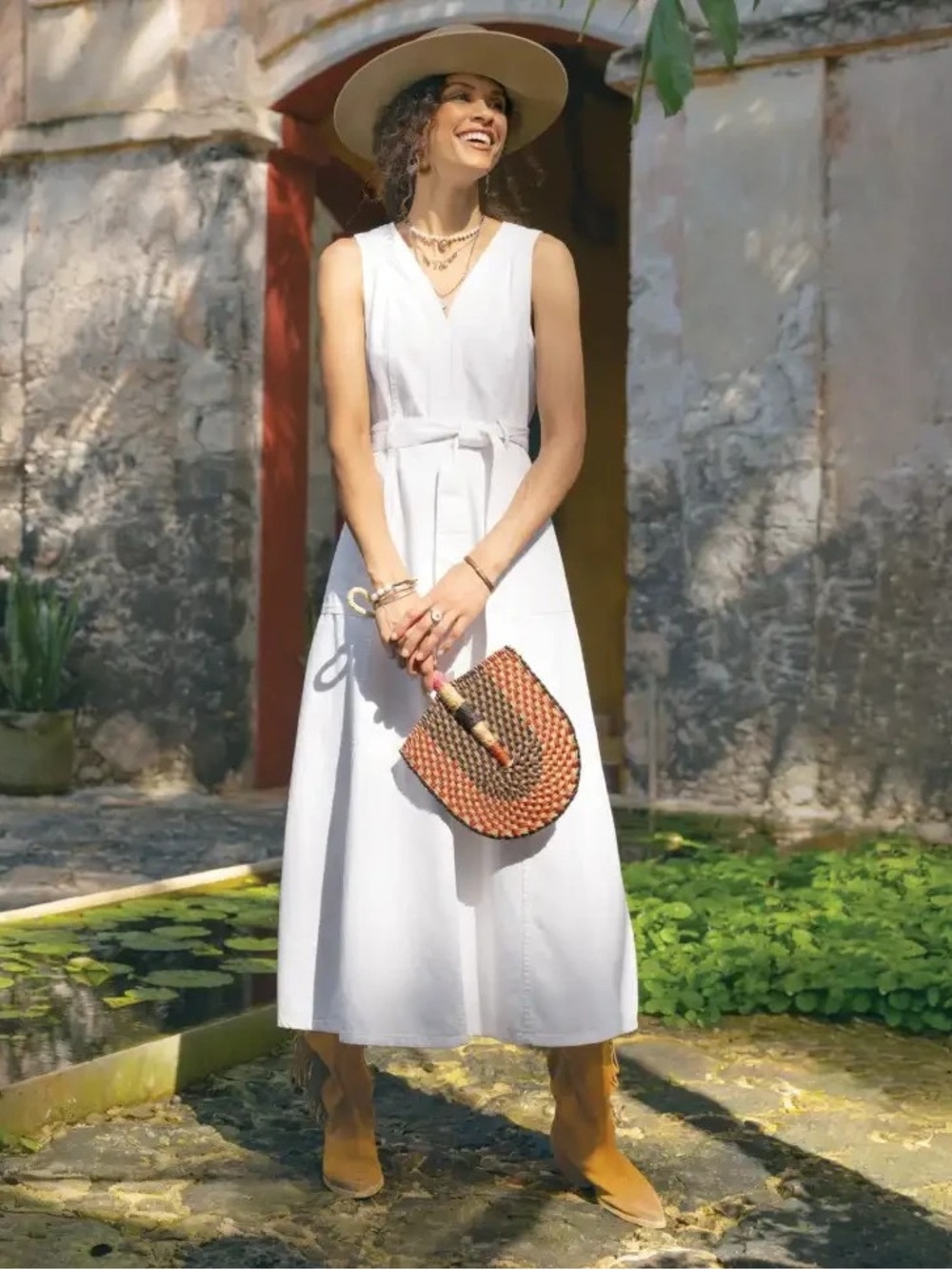 Sundance Poppy Belted Denim Midi Dress, White – Size 8 (Medium)